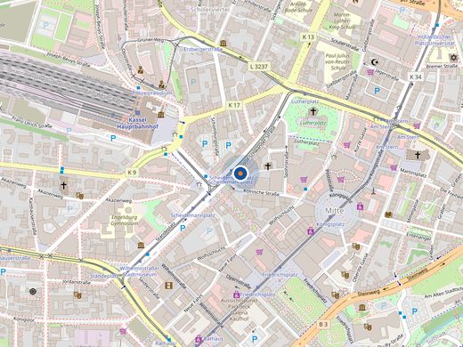 Karte von Kassel-Mitte mit dem Standort in der Rudolf-Schwander-Straße 2